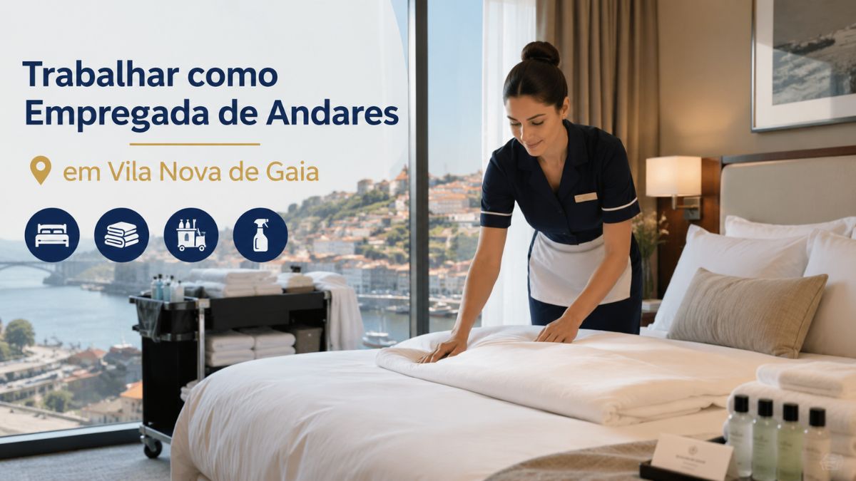 Empregada de andares a arrumar a cama num quarto de hotel em Vila Nova de Gaia com vista para o rio Douro e a ponte Dom Luís I.