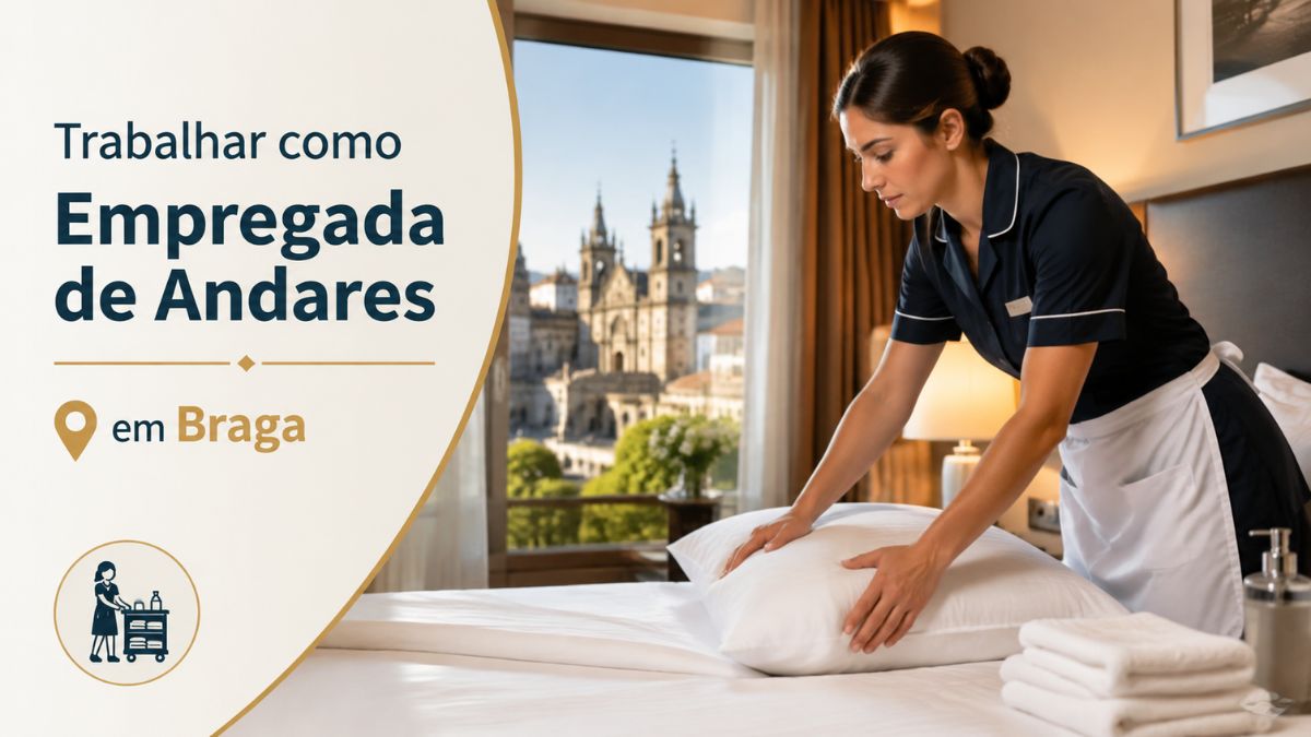 Empregada de andares fardada a arrumar uma cama de hotel em Braga com vista para o centro histórico através da janela do quarto.