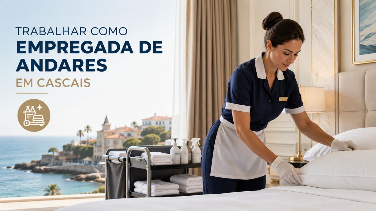 Empregada de andares devidamente fardada a preparar a cama num quarto de hotel de luxo em Cascais com vista panorâmica para o mar.