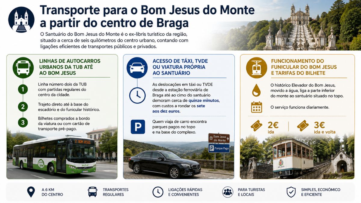Infográfico com opções de transporte do centro de Braga para o Bom Jesus do Monte, incluindo autocarros TUB, táxi, TVDE, carro próprio e o histórico funicular a água.