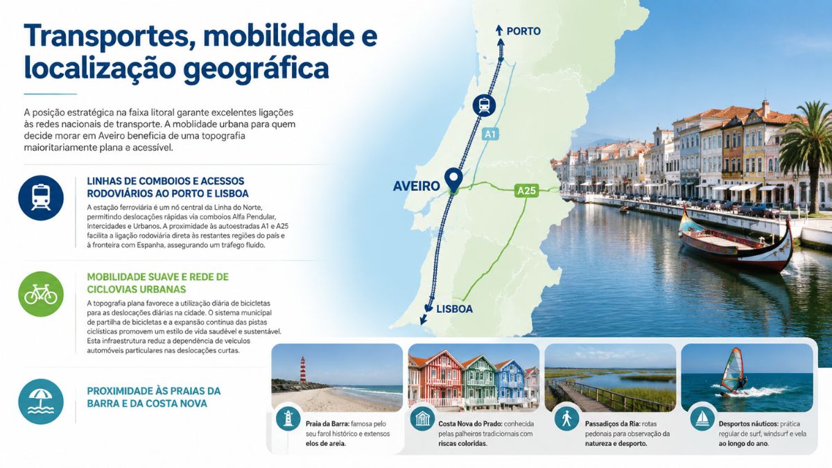Infográfico sobre transportes e mobilidade em Aveiro destacando as ligações ferroviárias para o Porto e Lisboa, rede de ciclovias e praias da Barra e Costa Nova.