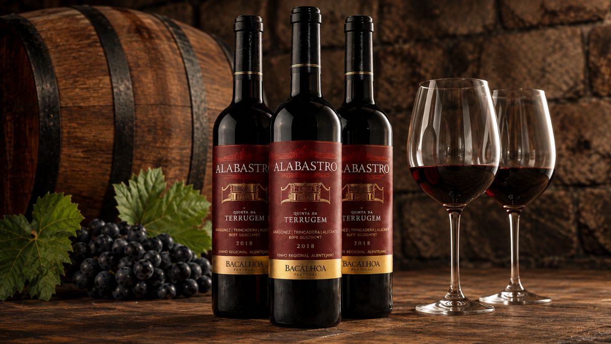 Três garrafas de vinho tinto Alabastro da Quinta da Terrugem ao lado de dois copos de cristal servidos com vinho, acompanhadas por uvas tintas à esquerda e um barril de carvalho no fundo.