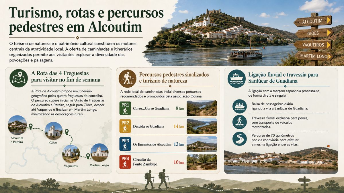 Infográfico sobre turismo em Alcoutim mostrando a Rota das Quatro Freguesias, percursos pedestres PR1 a PR4 e a ligação fluvial a Sanlúcar de Guadiana.