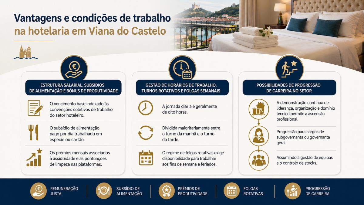 Infográfico informativo sobre vantagens e condições de trabalho na hotelaria em Viana do Castelo, detalhando salários, horários e carreira.
