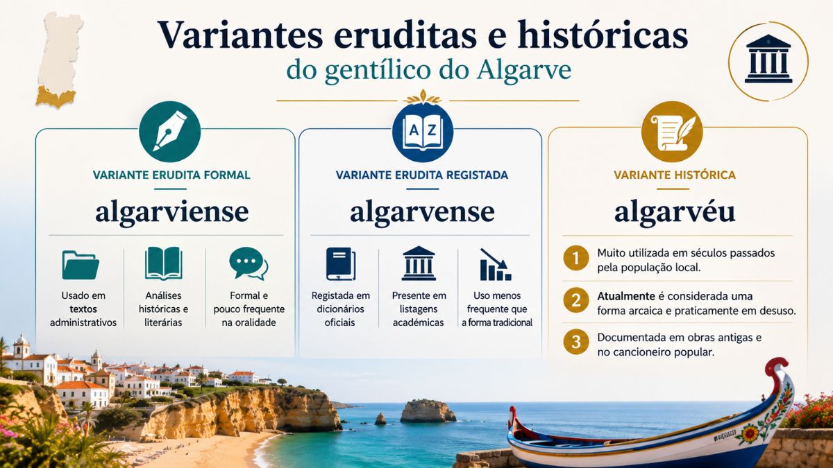 Infografia informativa sobre as variantes eruditas algarviense, algarvense e a forma histórica algarvéu para o gentílico do Algarve.