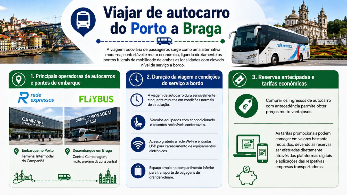 Infográfico sobre como viajar de autocarro do Porto a Braga, destacando as operadoras Rede Expressos e FlixBus, o Terminal Intermodal de Campanhã, duração e condições do serviço.