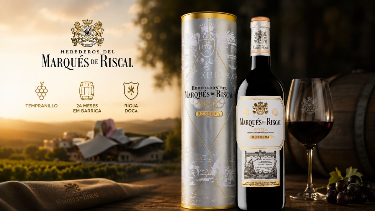 Garrafa de vinho tinto Marqués de Riscal Reserva D.O.Ca. Rioja com rótulo dourado ao lado de um estojo de presente metálico prata e uma taça com vinho tinto. Ao fundo, um vinhedo ao pôr do sol com as formas arquitetônicas características da bodega e ícones de uvas Tempranillo e envelhecimento em barrica.