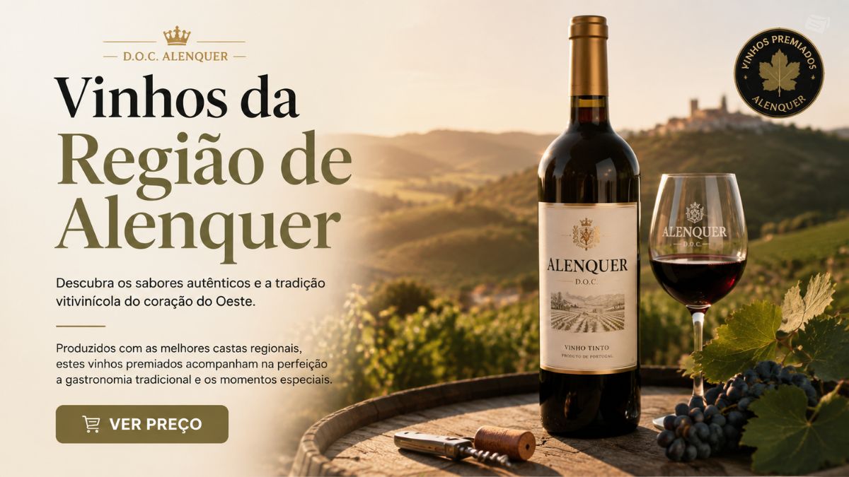 Garrafa de vinho tinto e copo sobre barril de madeira numa paisagem de vinhas com a inscrição vinhos da região de Alenquer.