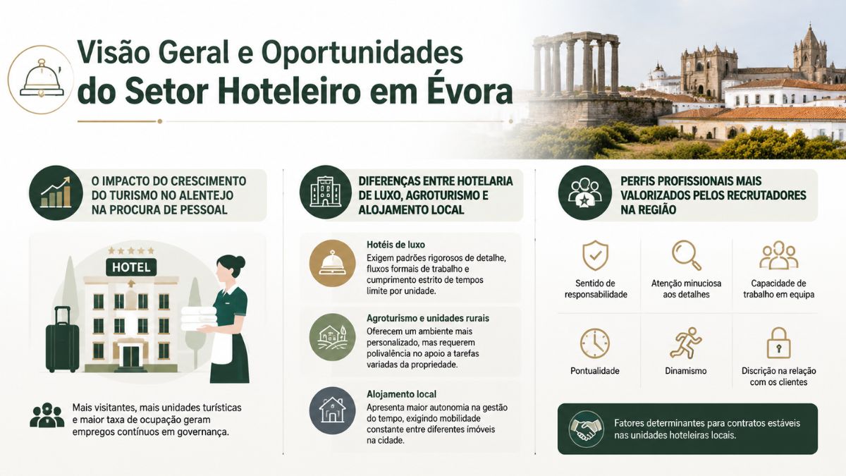 Infográfico informativo sobre o setor hoteleiro em Évora, ilustrando o crescimento do turismo no Alentejo, diferenças nos alojamentos e perfis profissionais procurados.
