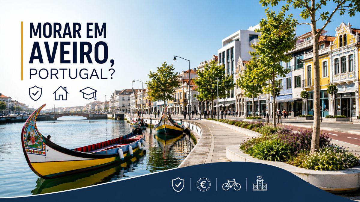 Infográfico sobre morar em Aveiro, Portugal, exibindo uma paisagem urbana com um barco moliceiro colorido num canal, edifícios históricos e modernos, árvores e texto sobreposto "MORAR EM AVEIRO, PORTUGAL?" com ícones de segurança, habitação e educação.