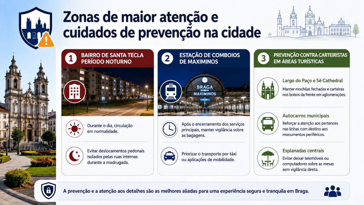 Infográfico informativo sobre recomendações de segurança no Bairro de Santa Tecla, Estação de Maximinos e prevenção contra carteiristas em áreas turísticas de Braga.