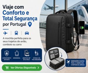 Mochila de viagem preta multifuncional com compartimento antifurto, material impermeável, abertura de 180 graus estilo mala e porta USB para carregamento de telemóvel.