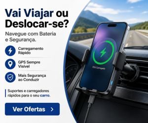 Banner publicitário com suporte de telemóvel para carro e carregador sem fios em destaque no painel do veículo.